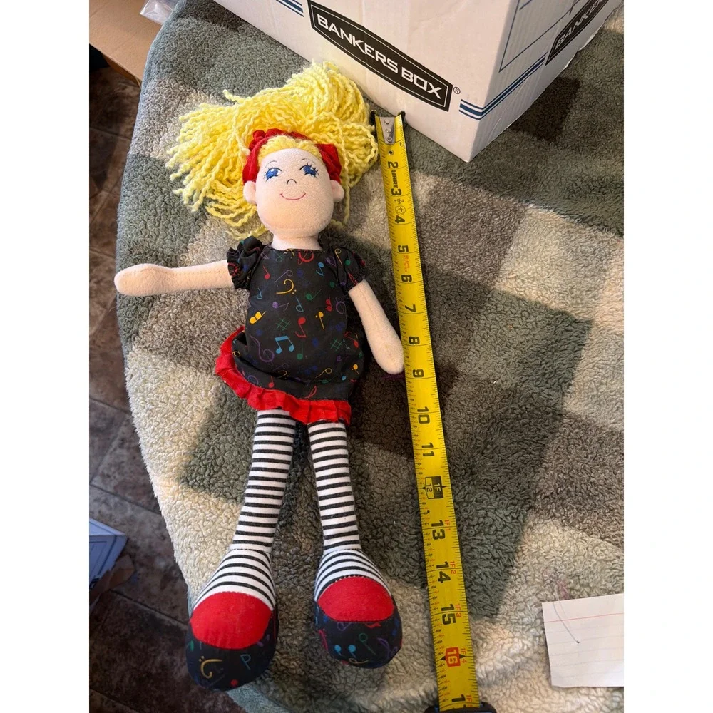 Unimax‎ Rag Doll Yellow Yarn Hair Music Note Dress Striped Legs Plush 16 Inch